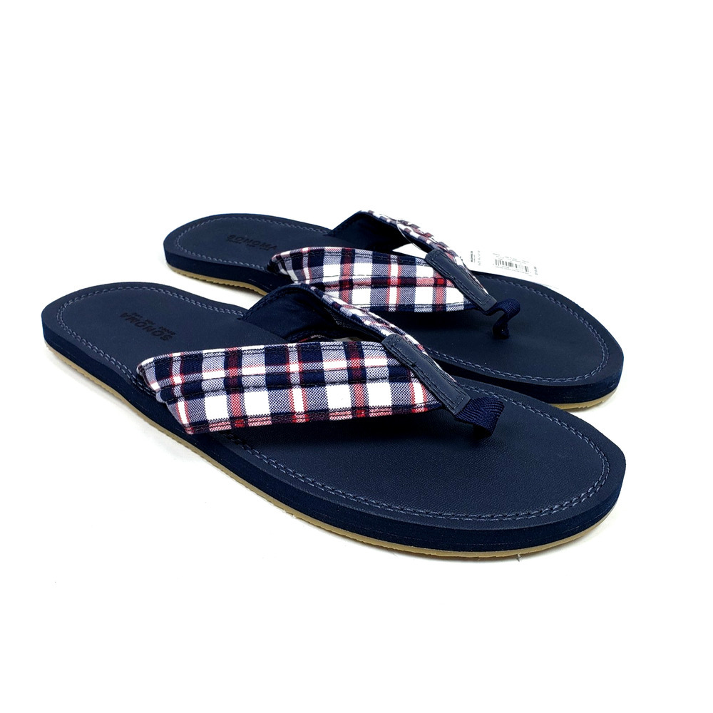 Sonoma Goods For Life Colson Mens Sz XL 12/13 Blue Plaid Thong Flip Flop Sandals